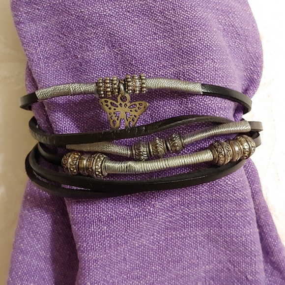 Black Leather & Silver Charm Friendship Bracelet - Picture 6 of 7